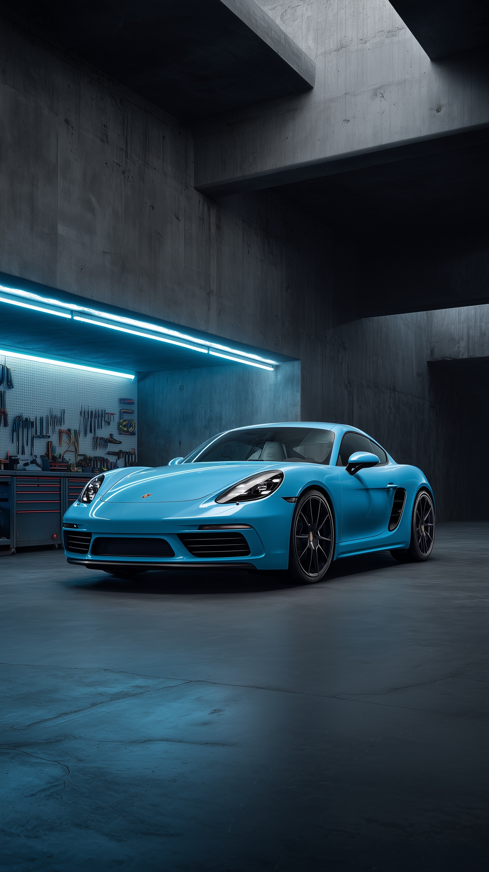 Luxury Blue Porsche 718 Cayman in Minimalist Garage