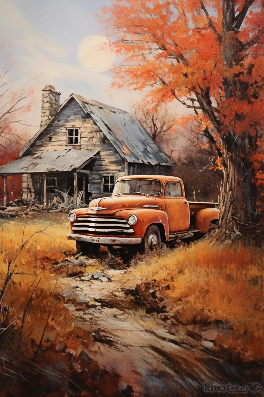 Vintage Autumn Painting: Old Truck, Barn & Ghosts