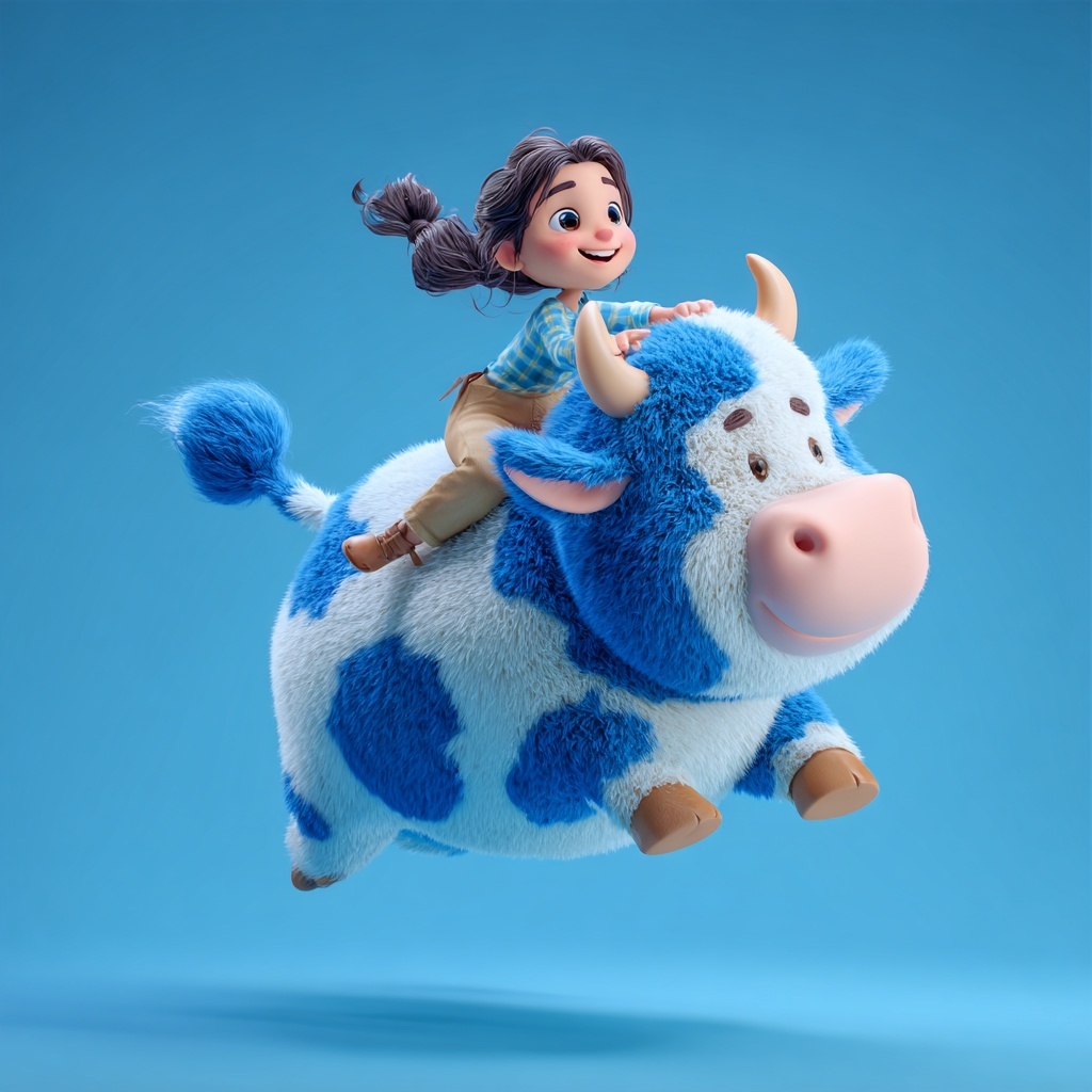 Joyful Adventure: Girl on Flying Fluffy Cow