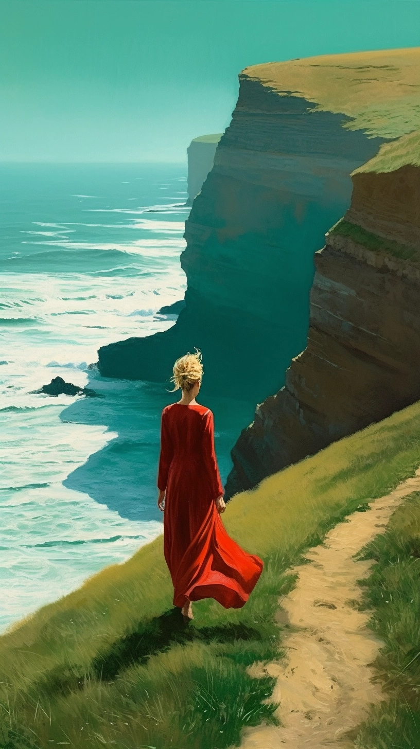 Red Dress Cliff Walk: Hyperrealistic Plein-Air Art