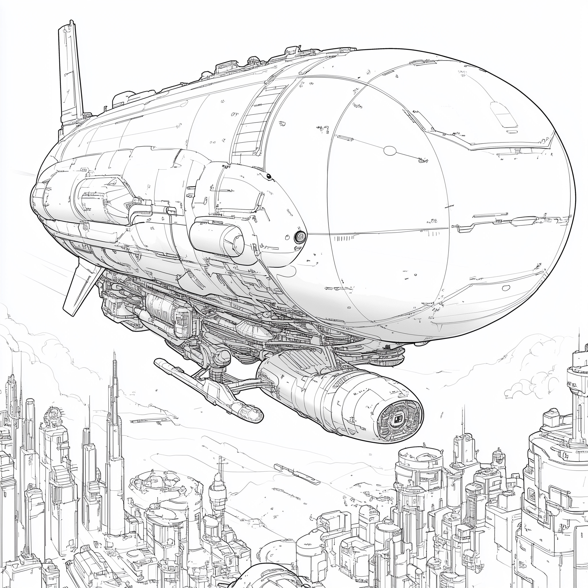 Cyberpunk Zeppelin Coloring Book: Monoline Art