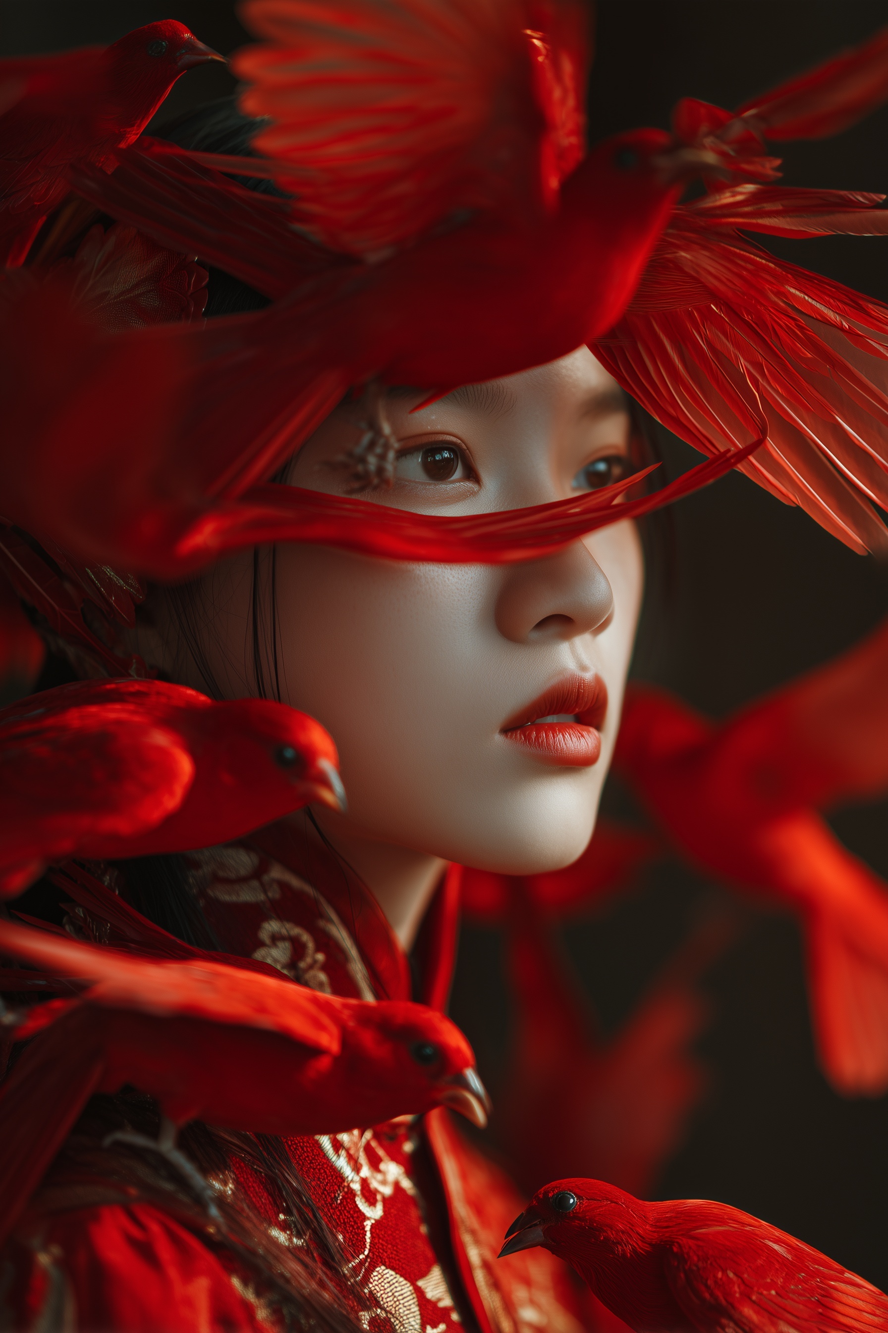 Vibrant Red Birds with Elegant Chinese Woman