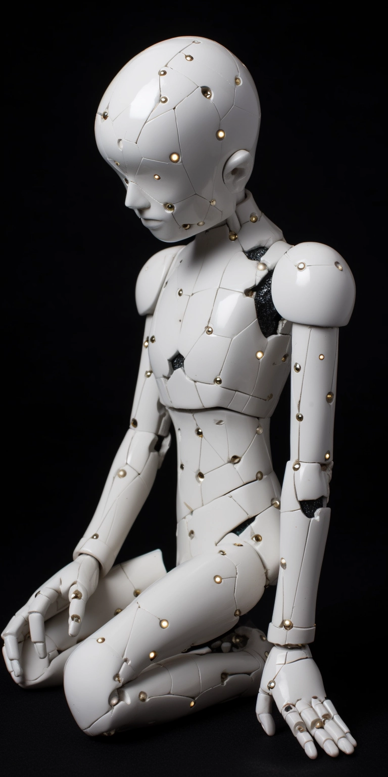 Dark Porcelain Android Marionette with Cracked Inner Working