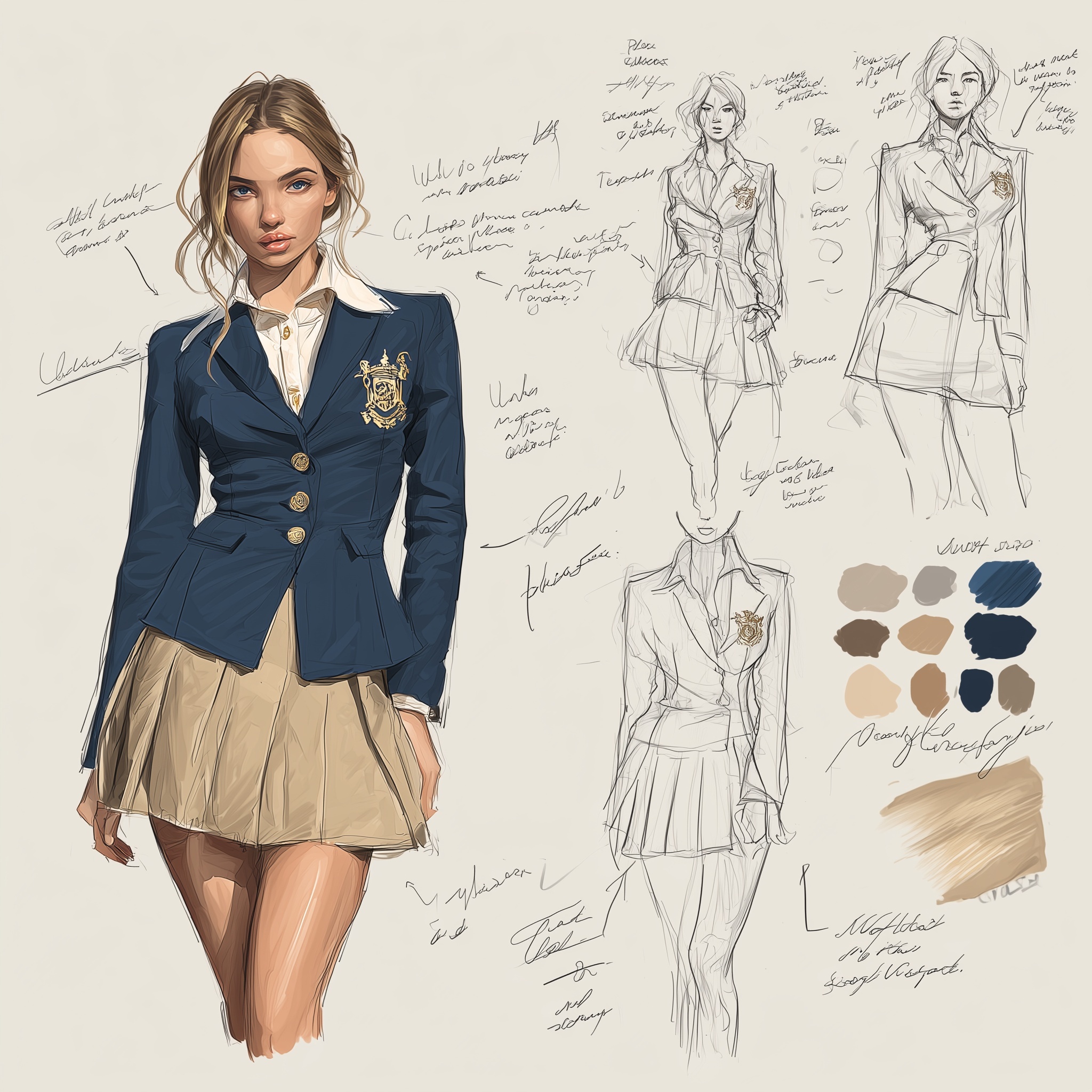Dynamic School Fashion: Blazer & Mini Skirt Sketches