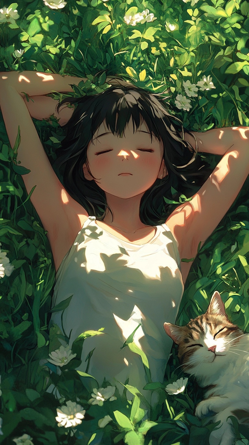 Serene Anime Scene: Girl and Cat in a Meadow