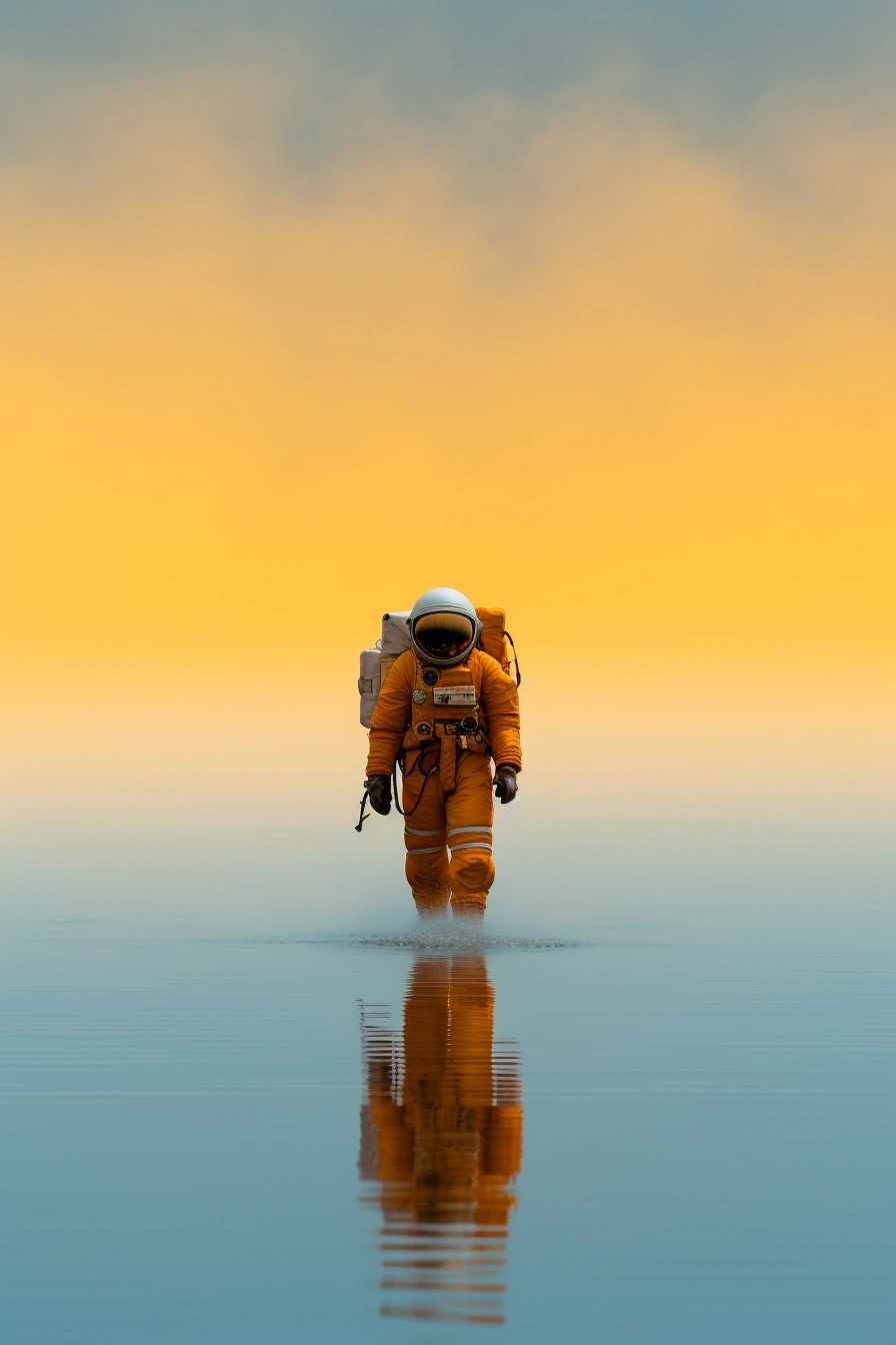 Surreal Astronaut in Light Blue and Amber Fog