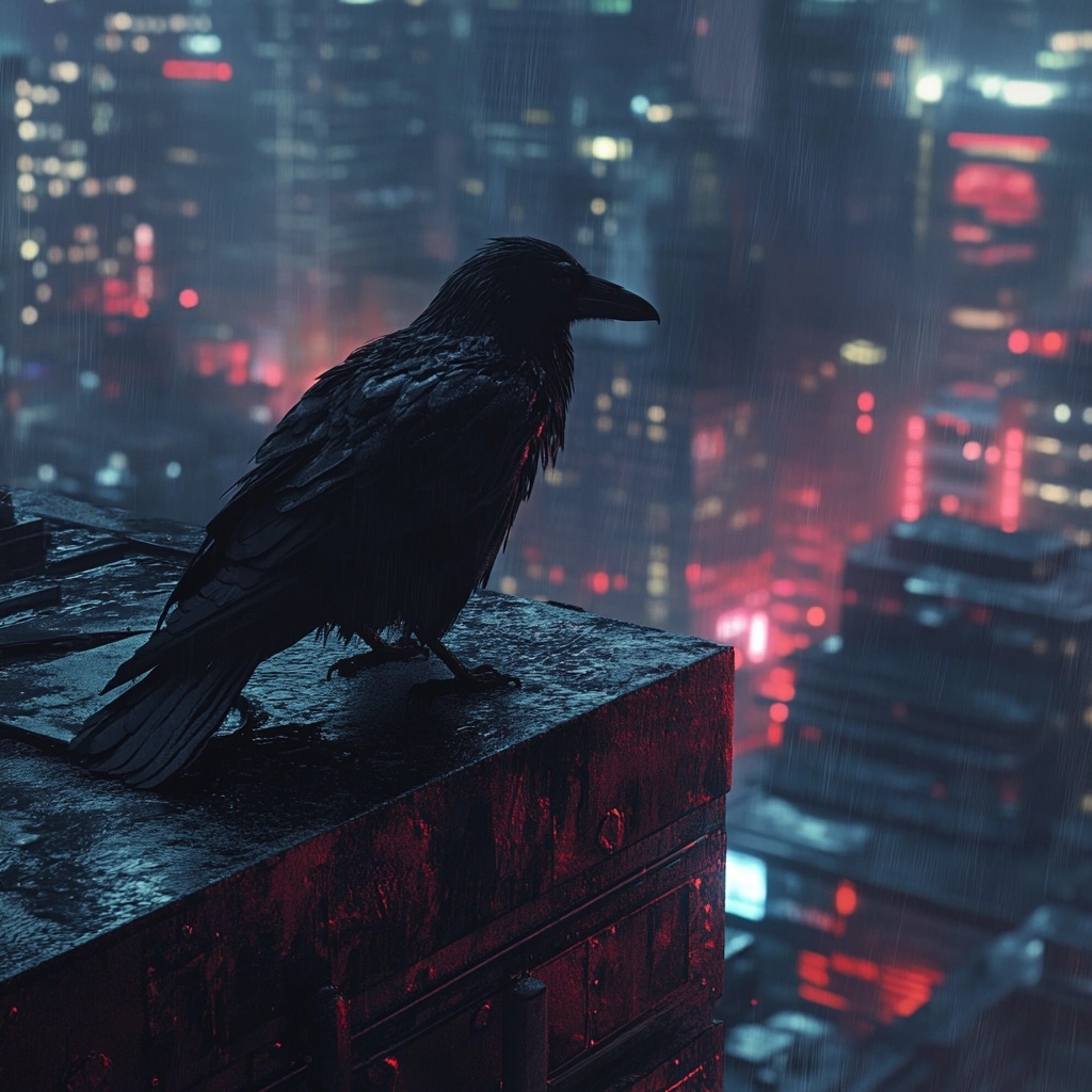 Hyper-Realistic Raven in Cyberpunk Rooftop Scene