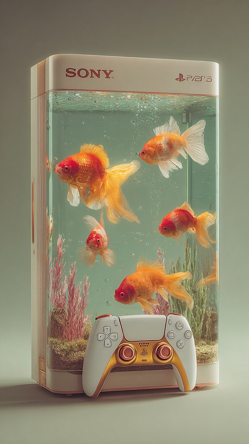 Surreal PS5 Console with Elegant Goldfish Aquarium