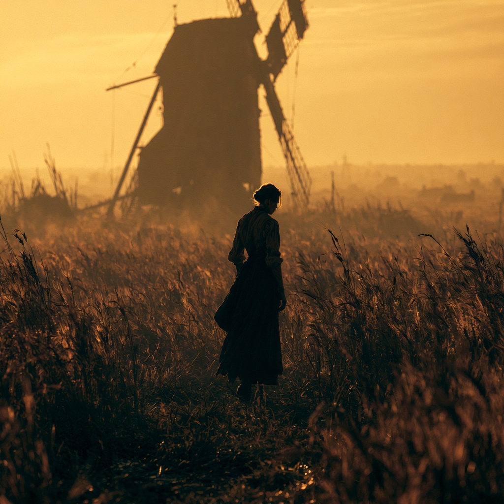 Tranquil Sunset: Wheat Field and Mill Scene