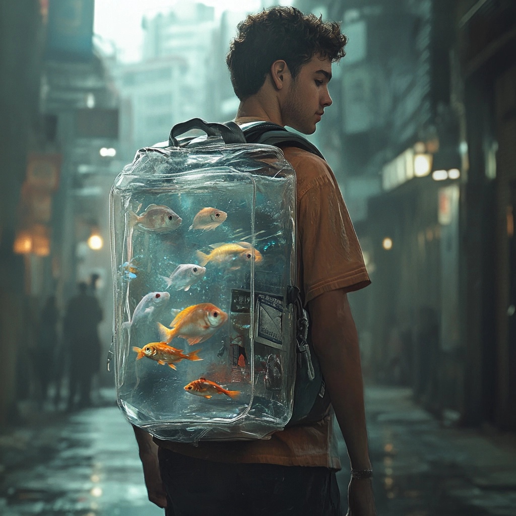 Urban Style: Young Man with Unique Transparent Backpack