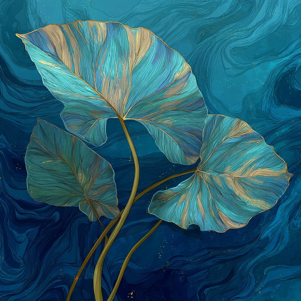 Stylized Taro Leaves with Ocean Current Background