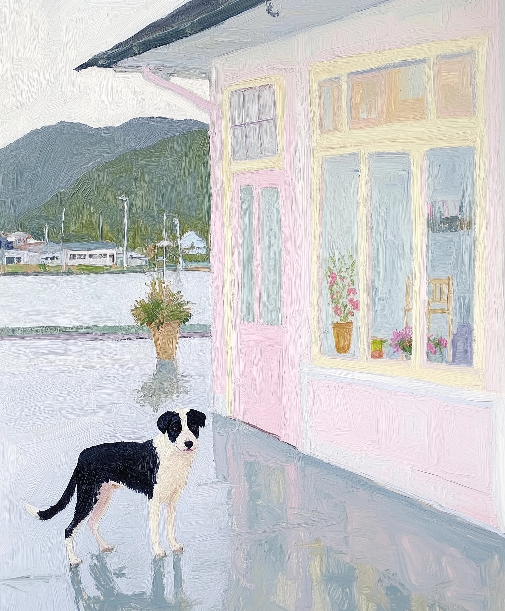 Rainy Bellingen Cafe: Vintage Art with a Pup