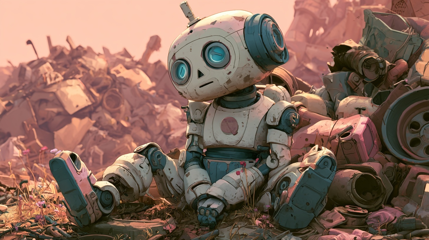 Whimsical Robot Amidst a Scrap Heap Adventure