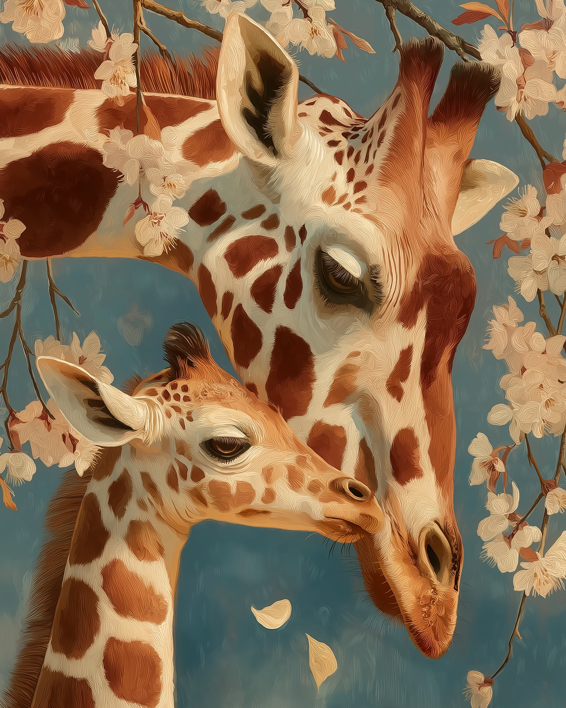 Tender Moment: Mother Giraffe with Baby