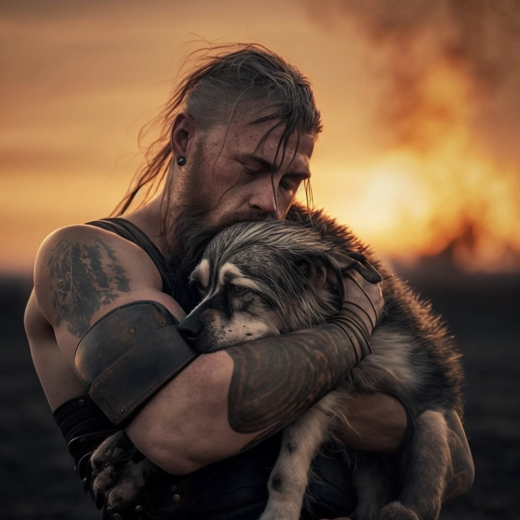 Viking Warrior and Puppy: A Historical Photography Masterpiece