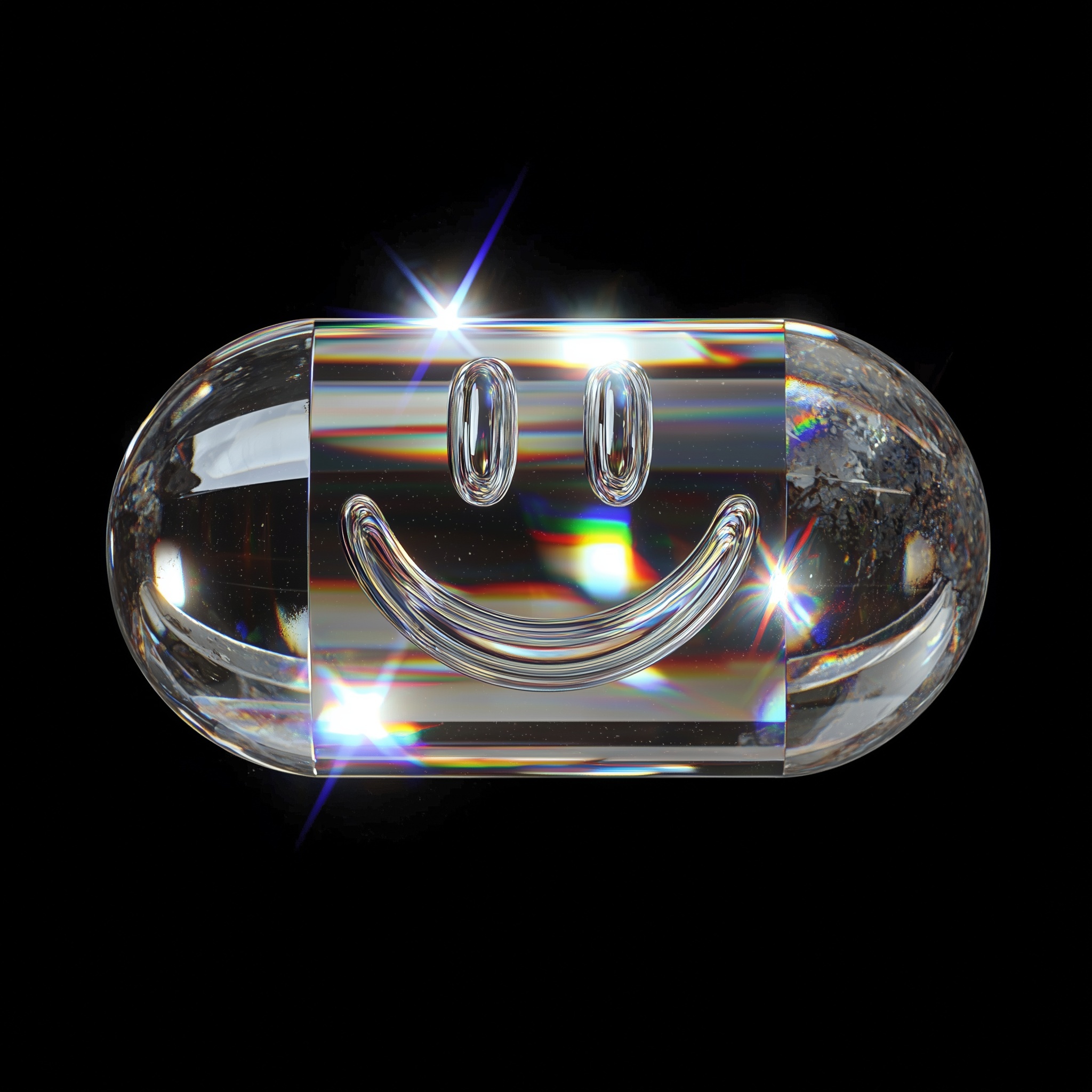 3D Colorful Pill with Smiley on Black Background