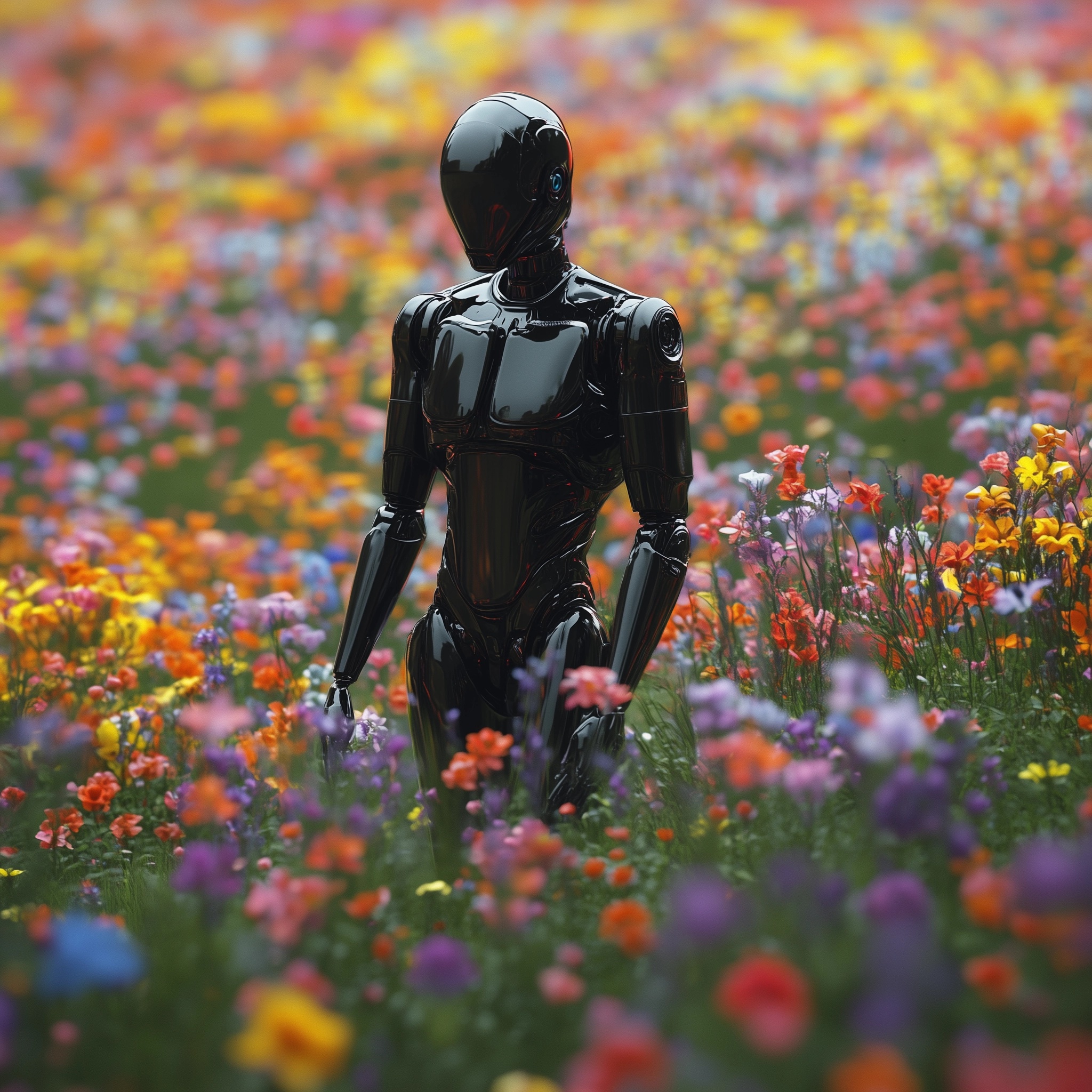 Futuristic Robot Strolls Through Vibrant Flower Field