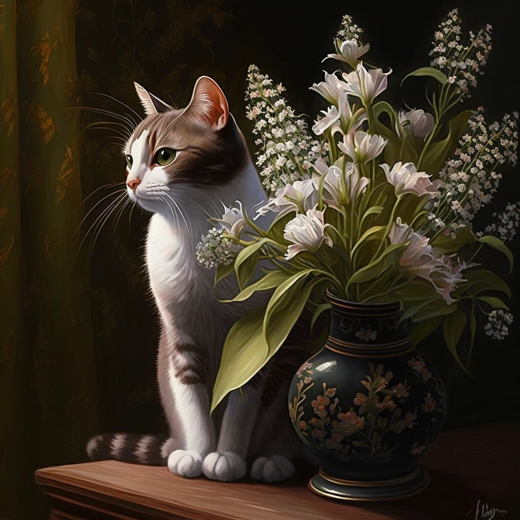 Cat admiring lily of the valley