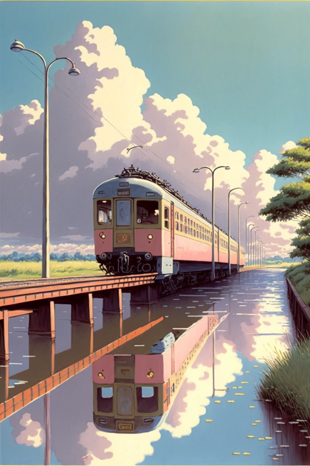 Tranquil Japanese Train Crossing Water - Studio Ghibli Pastel Illustration