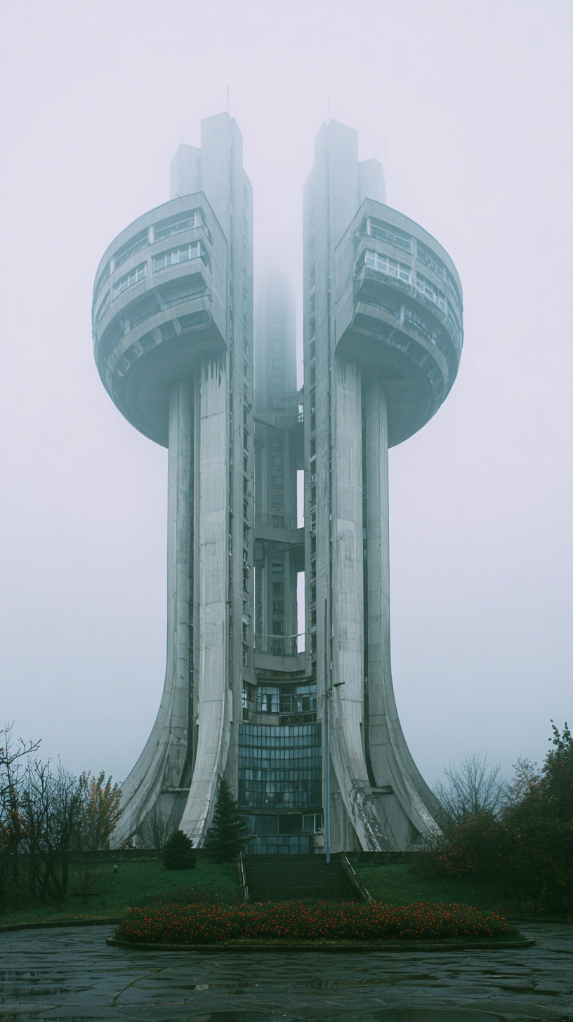 Misty Round Brutalist Architecture in Eastern Europe