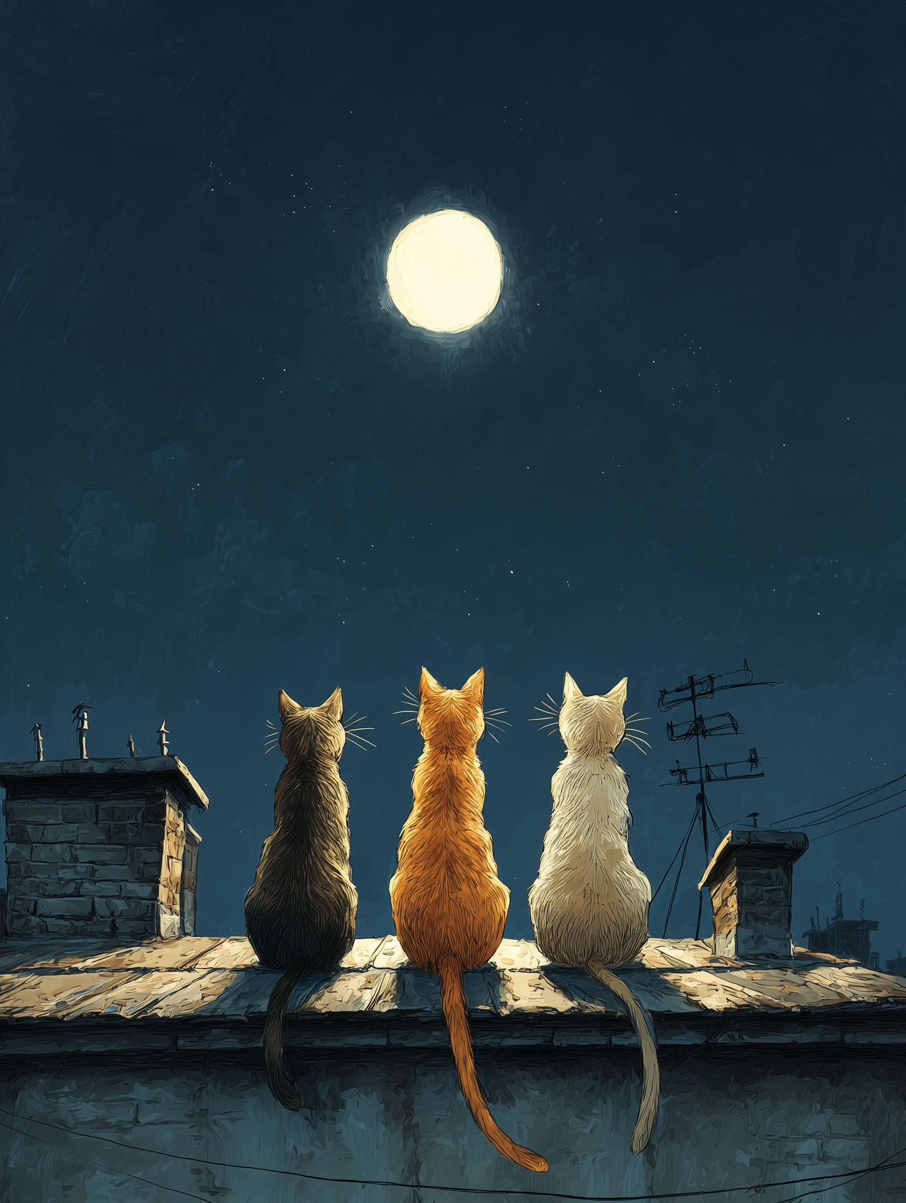Charming Nighttime View of Three Cats on a Roof