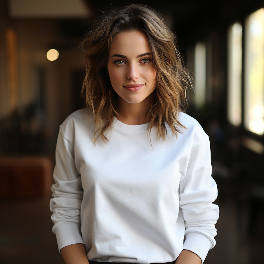 Stunning High-Res 4k Photo: Woman in White Crew Neck Sweatshirt