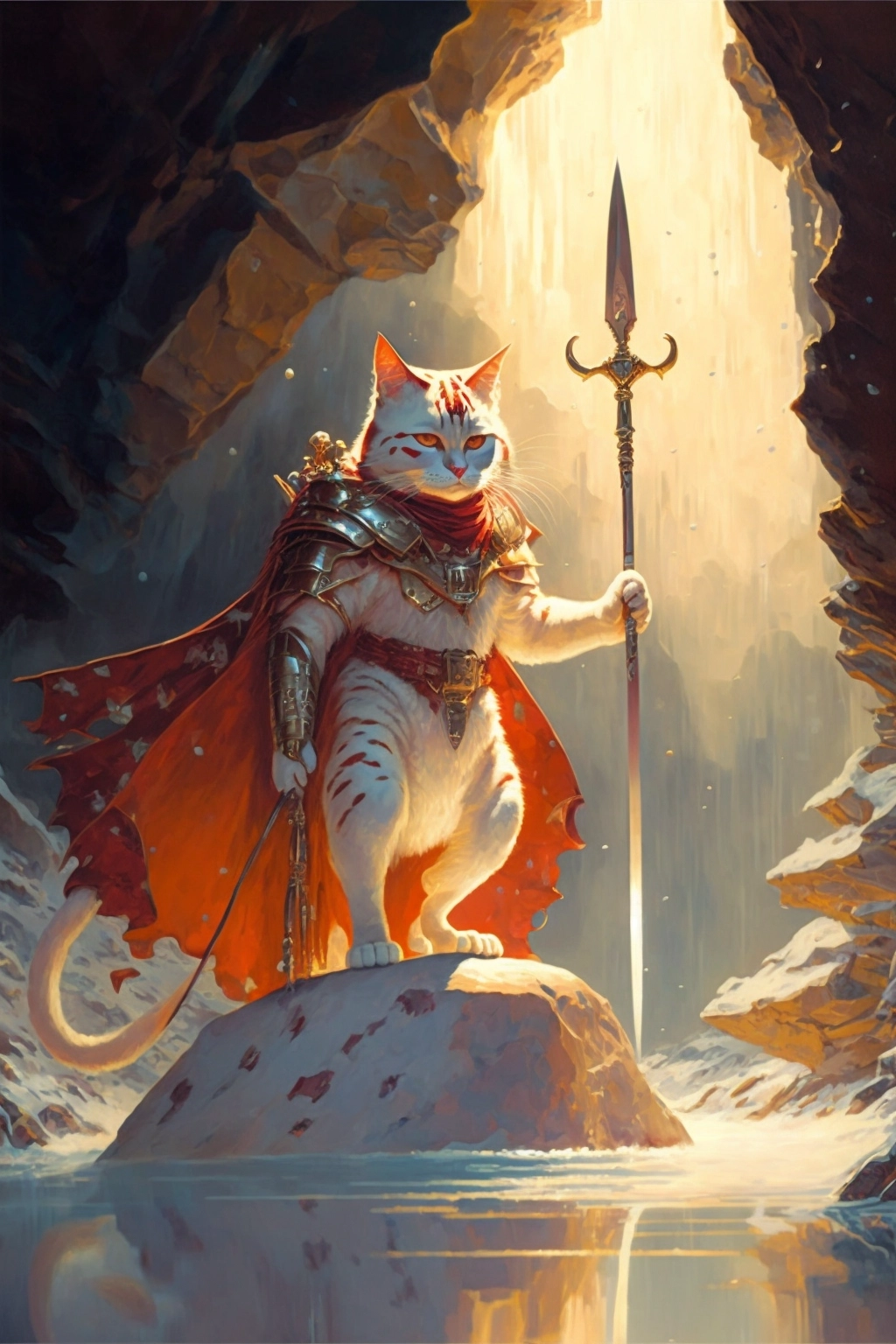 Medieval Cat Paladin Emerges from Glacier Cave