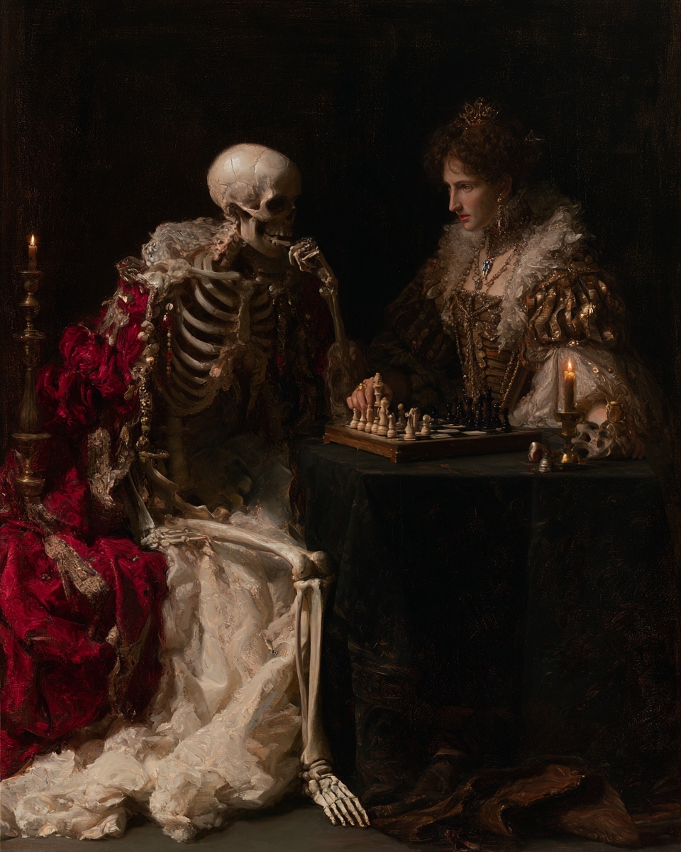 Intriguing Chess Match: Skeleton and Woman in Shadows