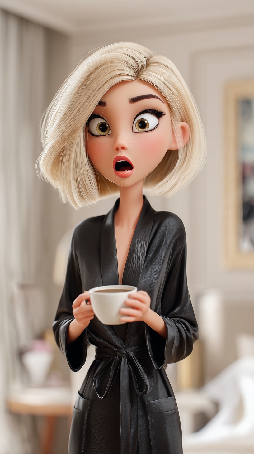 Surprised Girl in Silk Robe with Coffee at Home