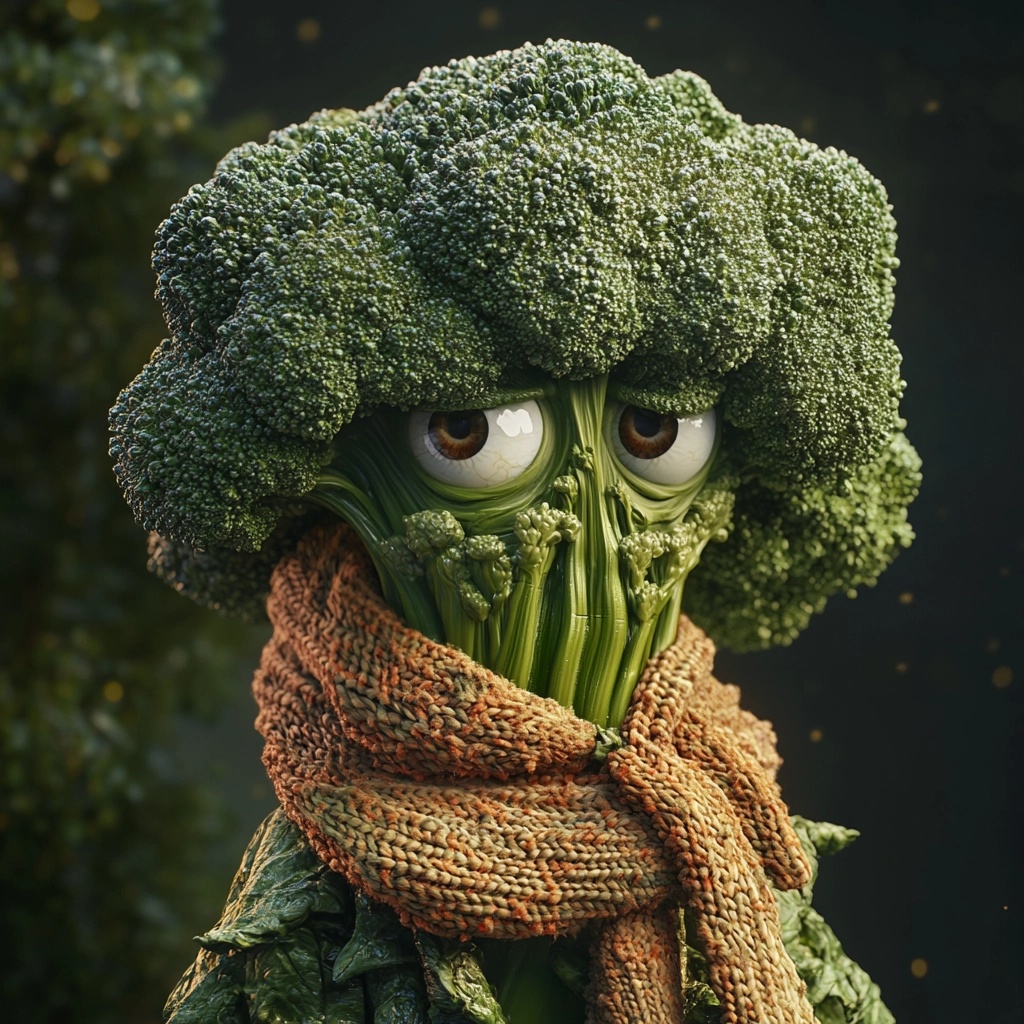 Whimsical Broccoli Skiing in a Garden Wonderland