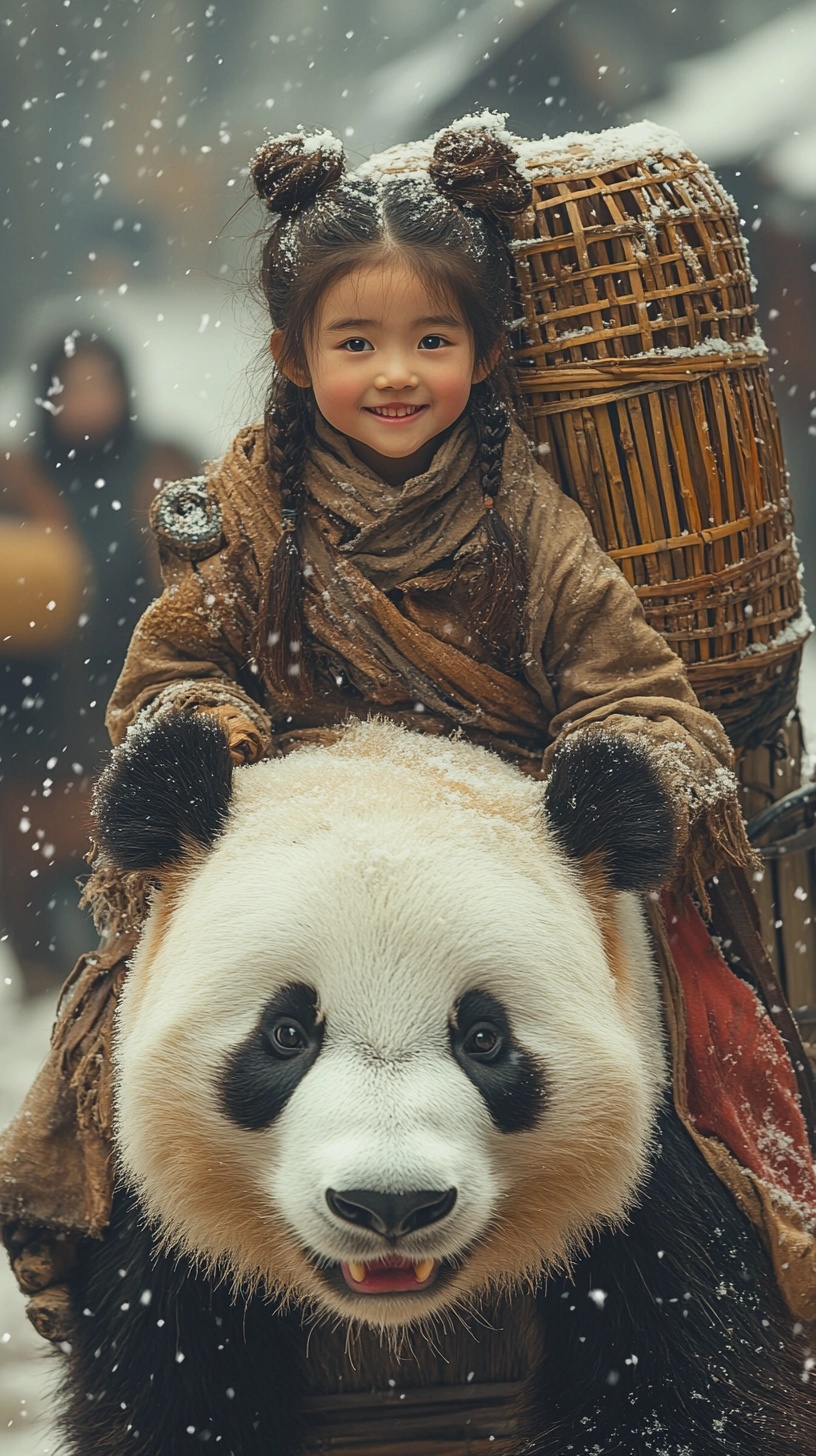 Whimsical Journey: Girl, Panda, and Winter Bliss