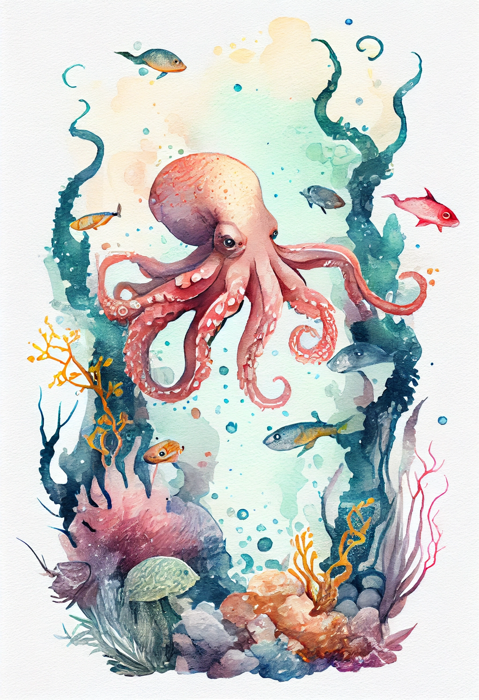 Kraken Watercolor Clip Art with Corals & Fish