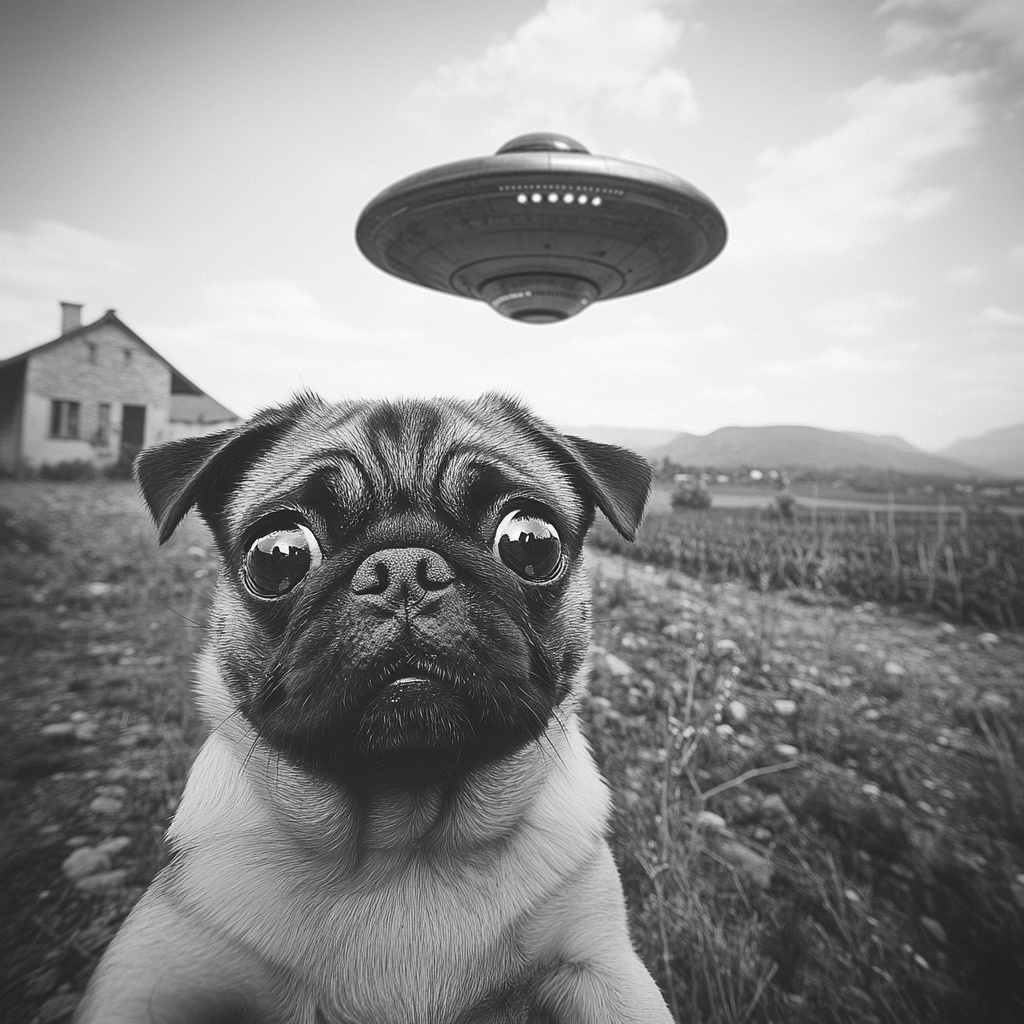 Pug Surprised by UFO: A Stunning Black-and-White Shot