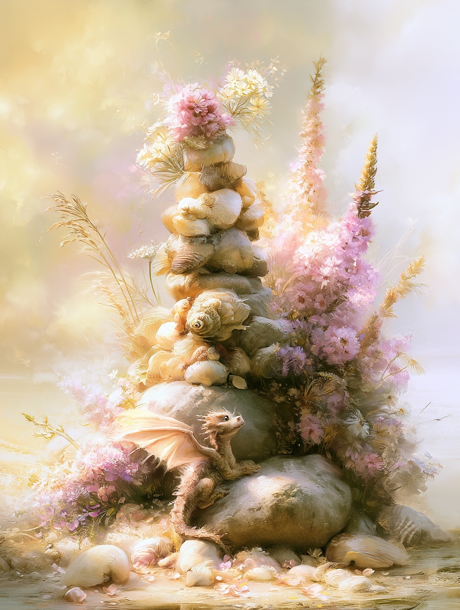 Whimsical Dragon's Shell Tower by a Flowered River