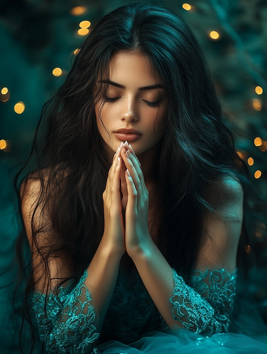 Radiant Beauty in Turquoise Lace: A Prayerful Moment