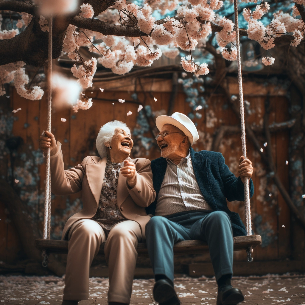 Vibrant Love: Elderly Couple Swinging Beneath Blossoming Tree