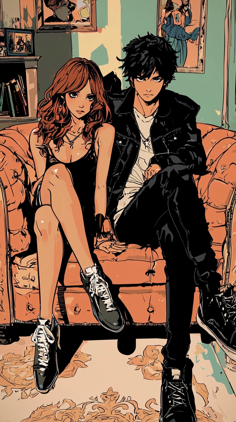 Stylish Young Couple in Vibrant Manga Room