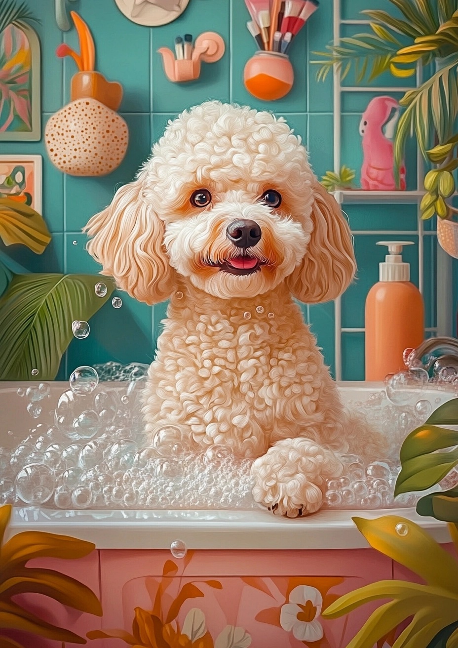 Whimsical Poodle Bath Adventure Illustration