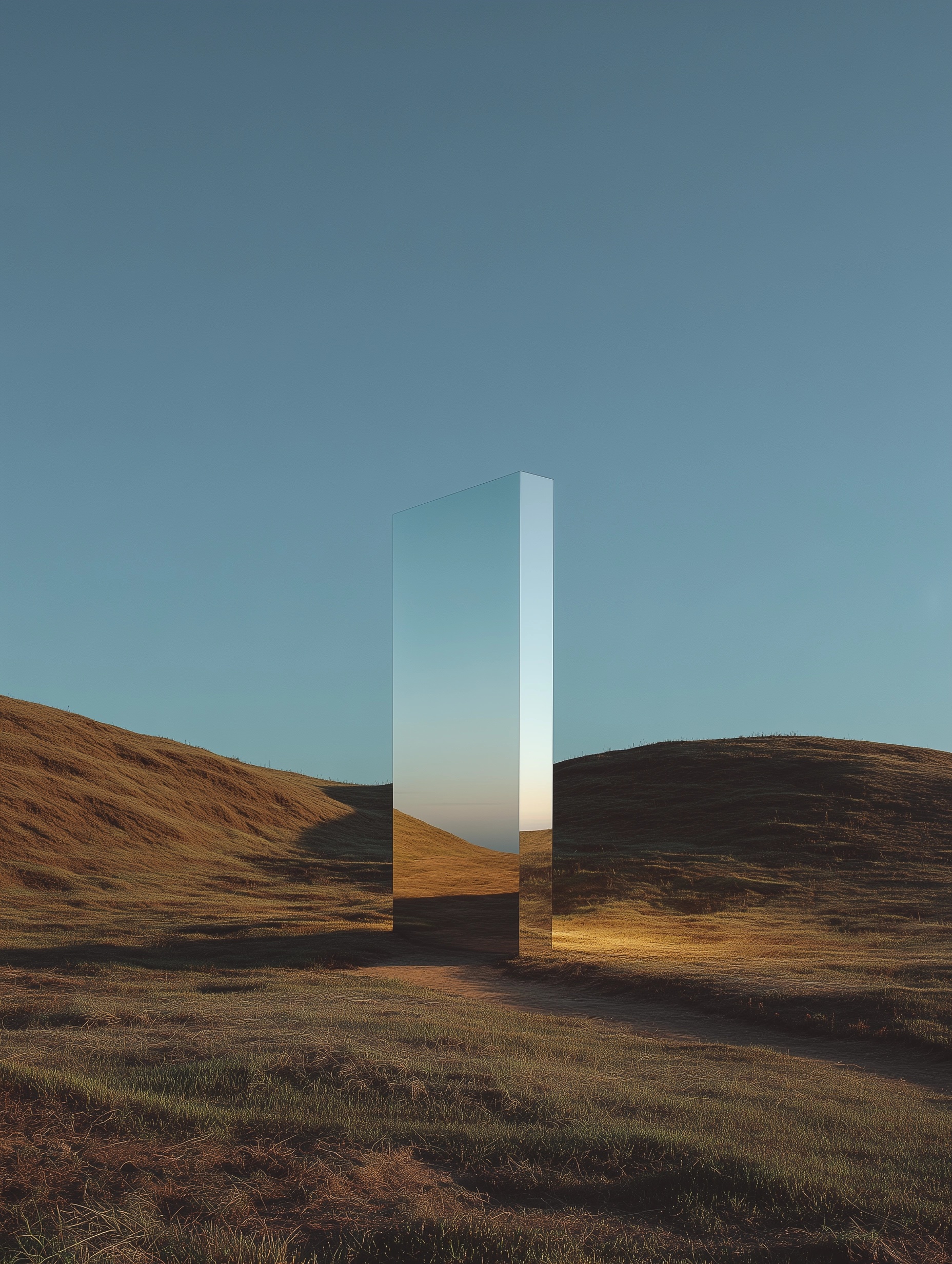 Reflective Monolith on Serene Hillside