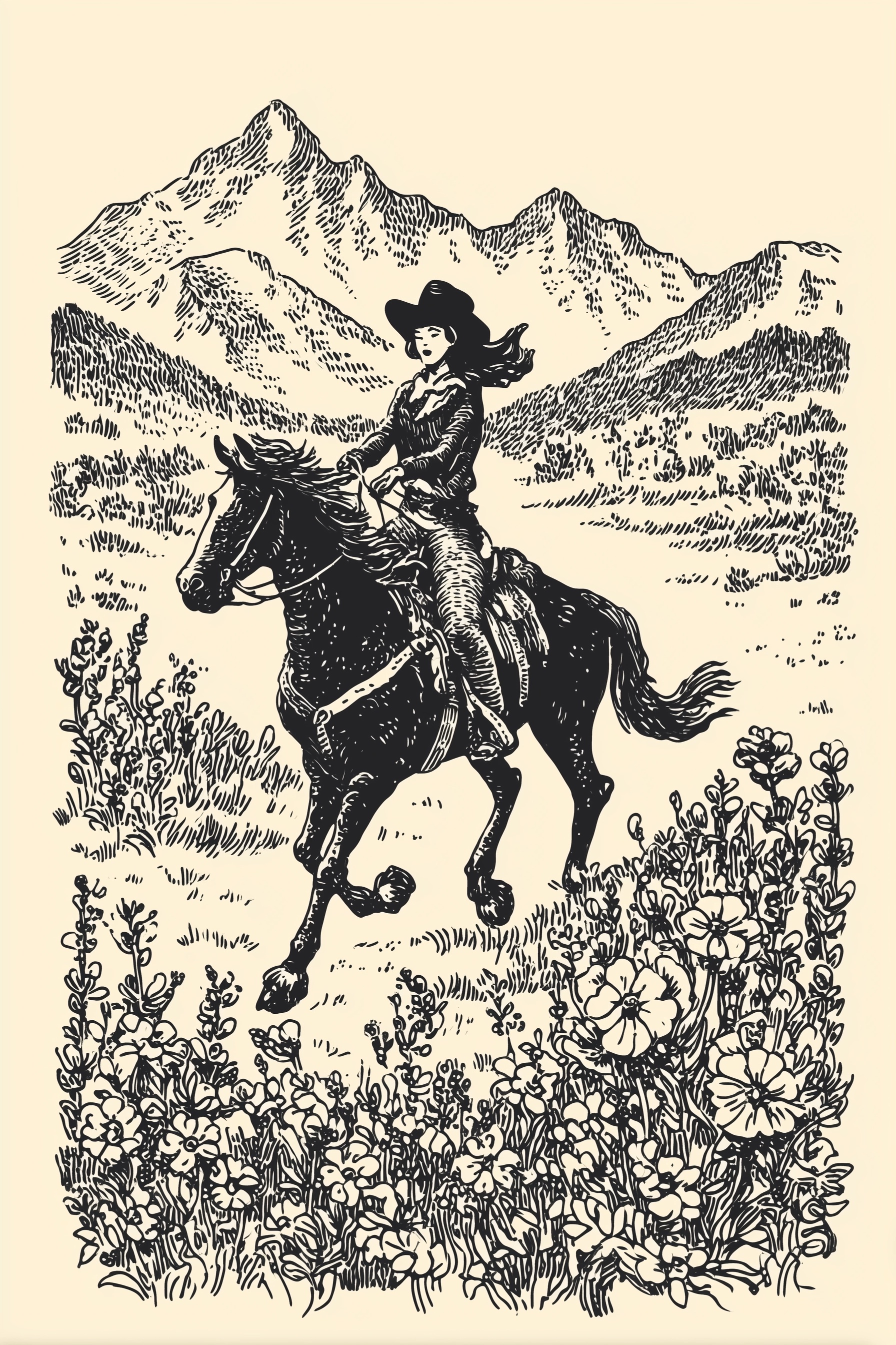 Vintage Cowgirl on Horse in Wildflower Desert