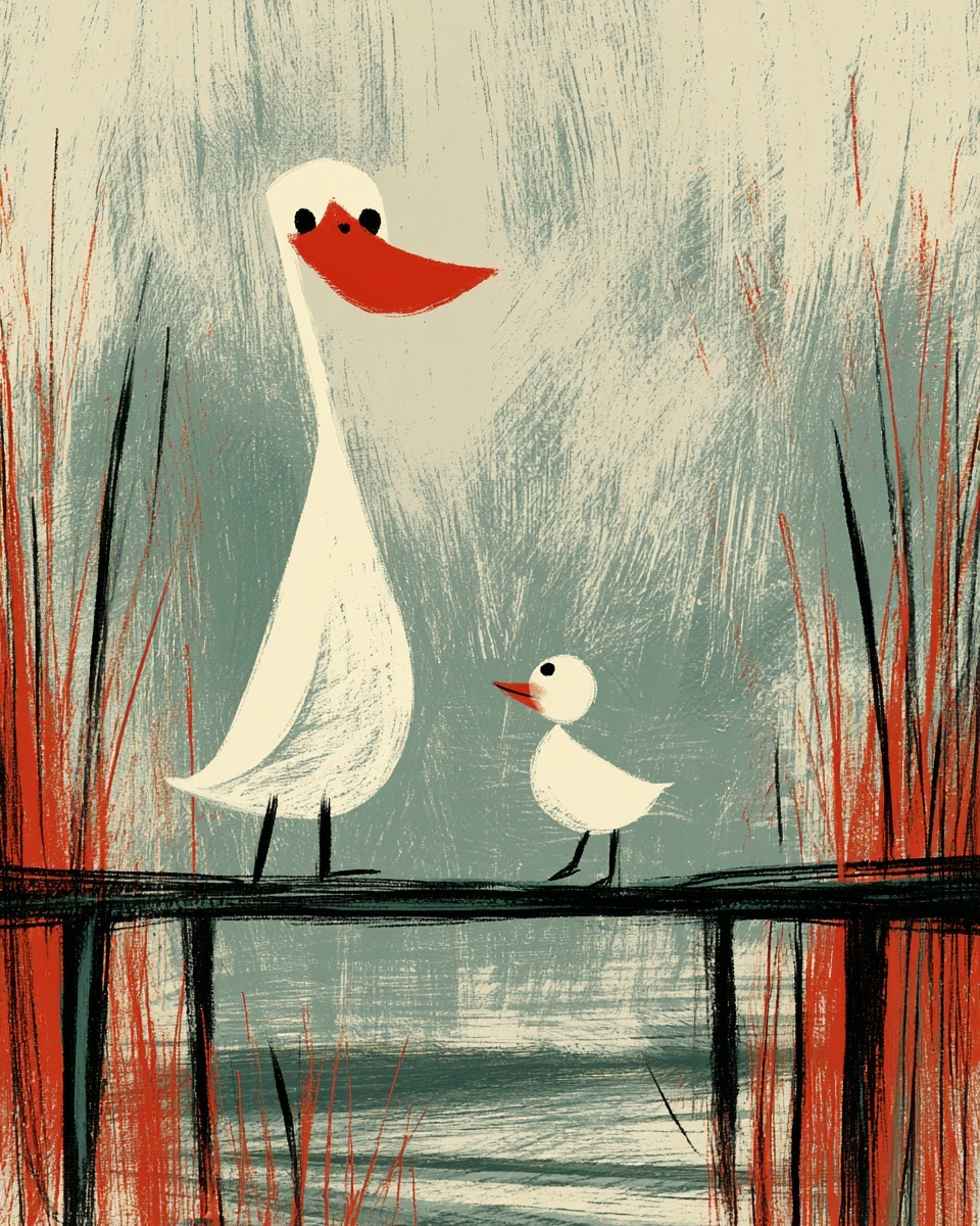 Charming Duck Family on a Wooden Bridge