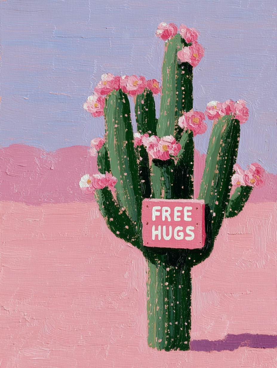 Vibrant Desert Cactus Bloom with FREE HUGS Sign