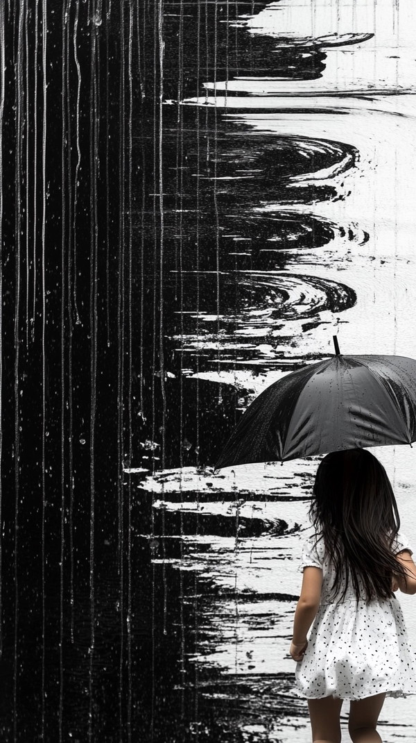 Joyful Girl with Umbrella in Rainy City Street