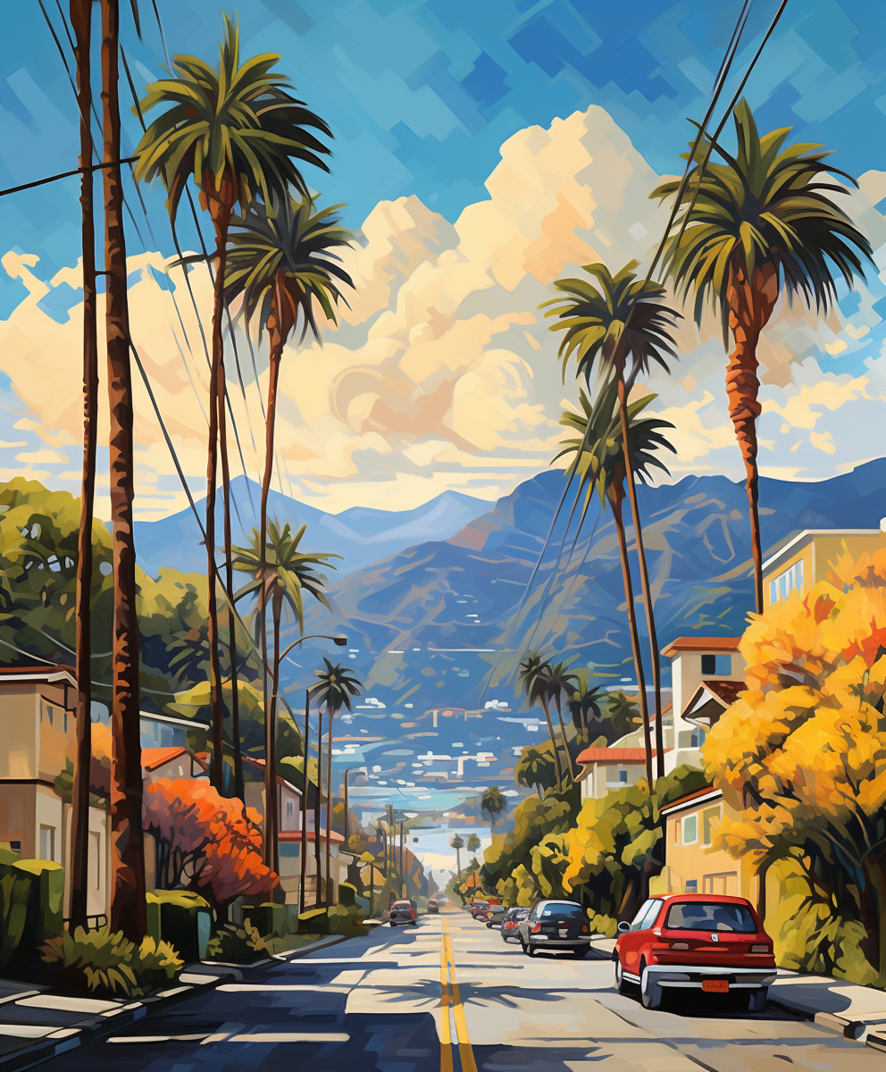 Vibrant Palm Tree Street: A Vintage-inspired, Detailed Painting