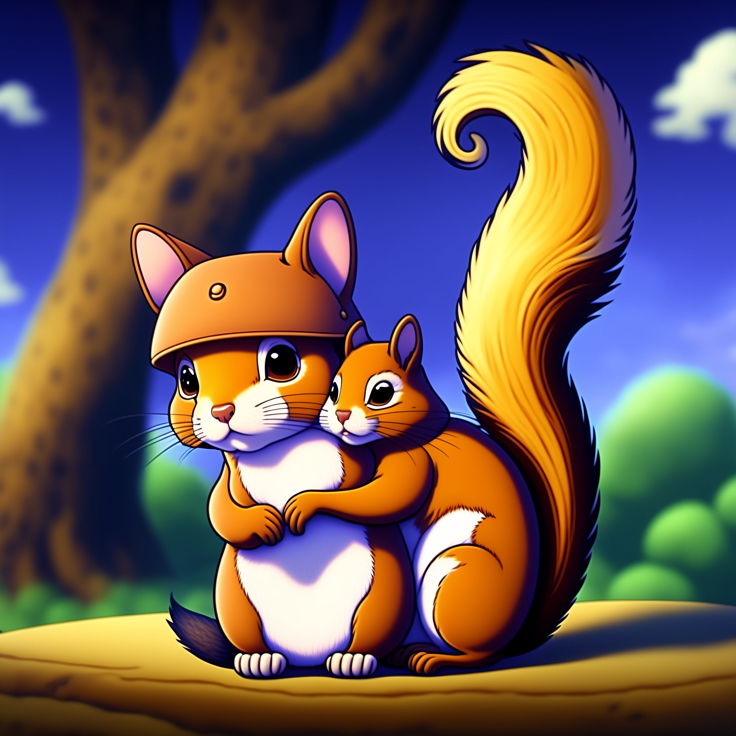 Cute Squirrel & Cat Hug - Studio Ghibli Inspired Anime