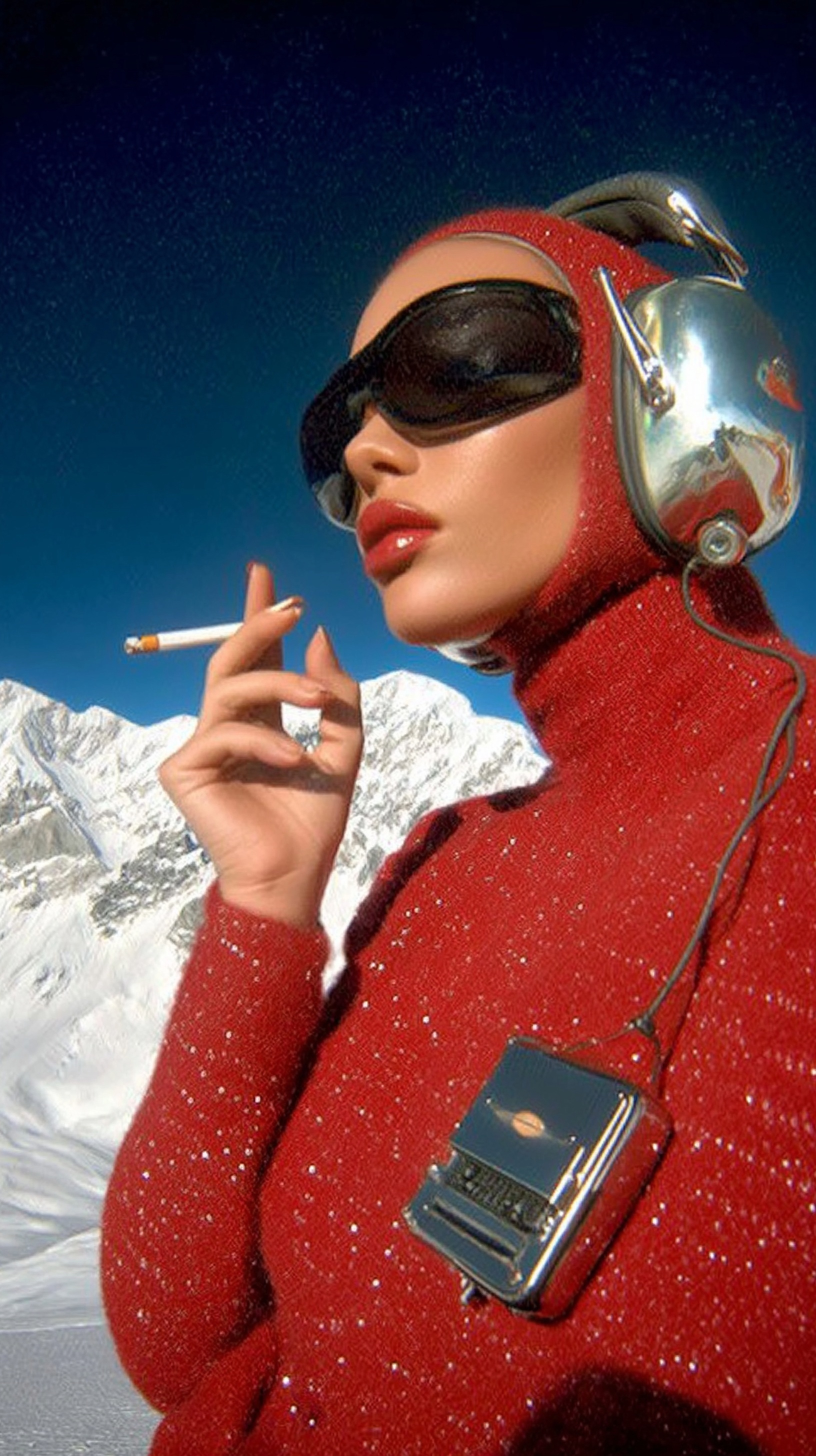 Bold Winter Aviator: Head Turned in Scenic Mountains