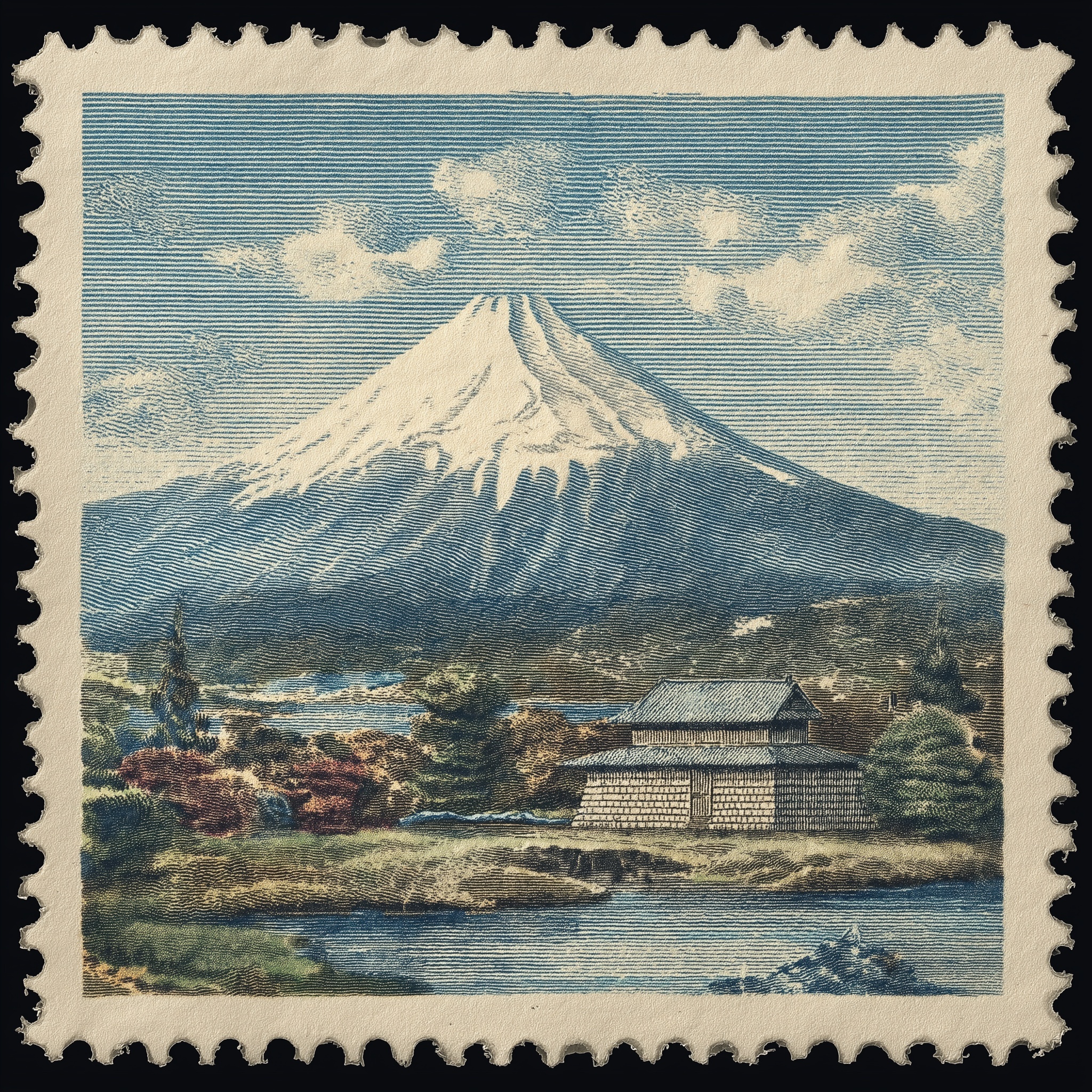 Vintage Mount Fuji Half-Tone Postage Stamp Art