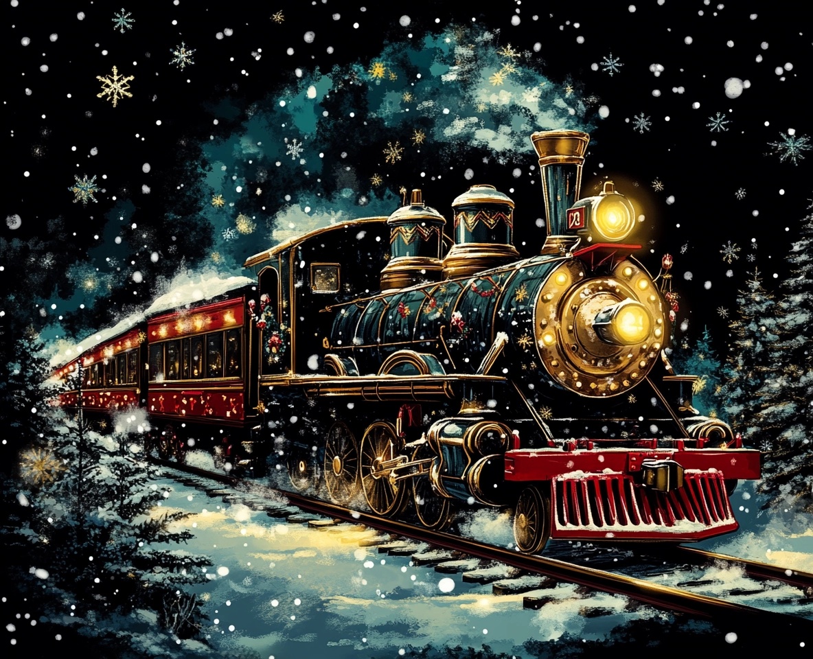 Whimsical Christmas Train on Snowy Black Canvas