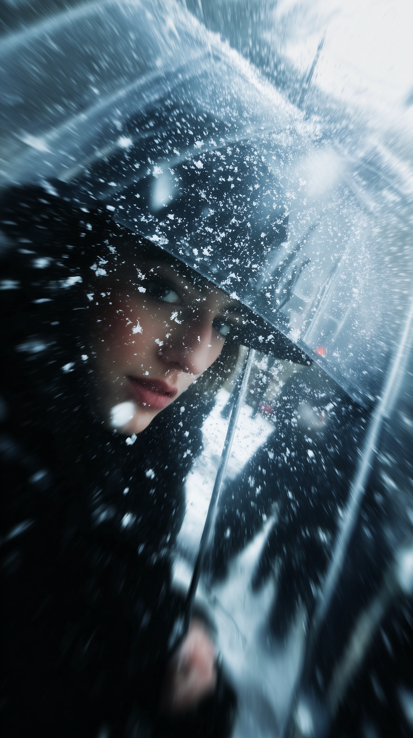 Avant-Garde Umbrella Portrait with Snowflakes