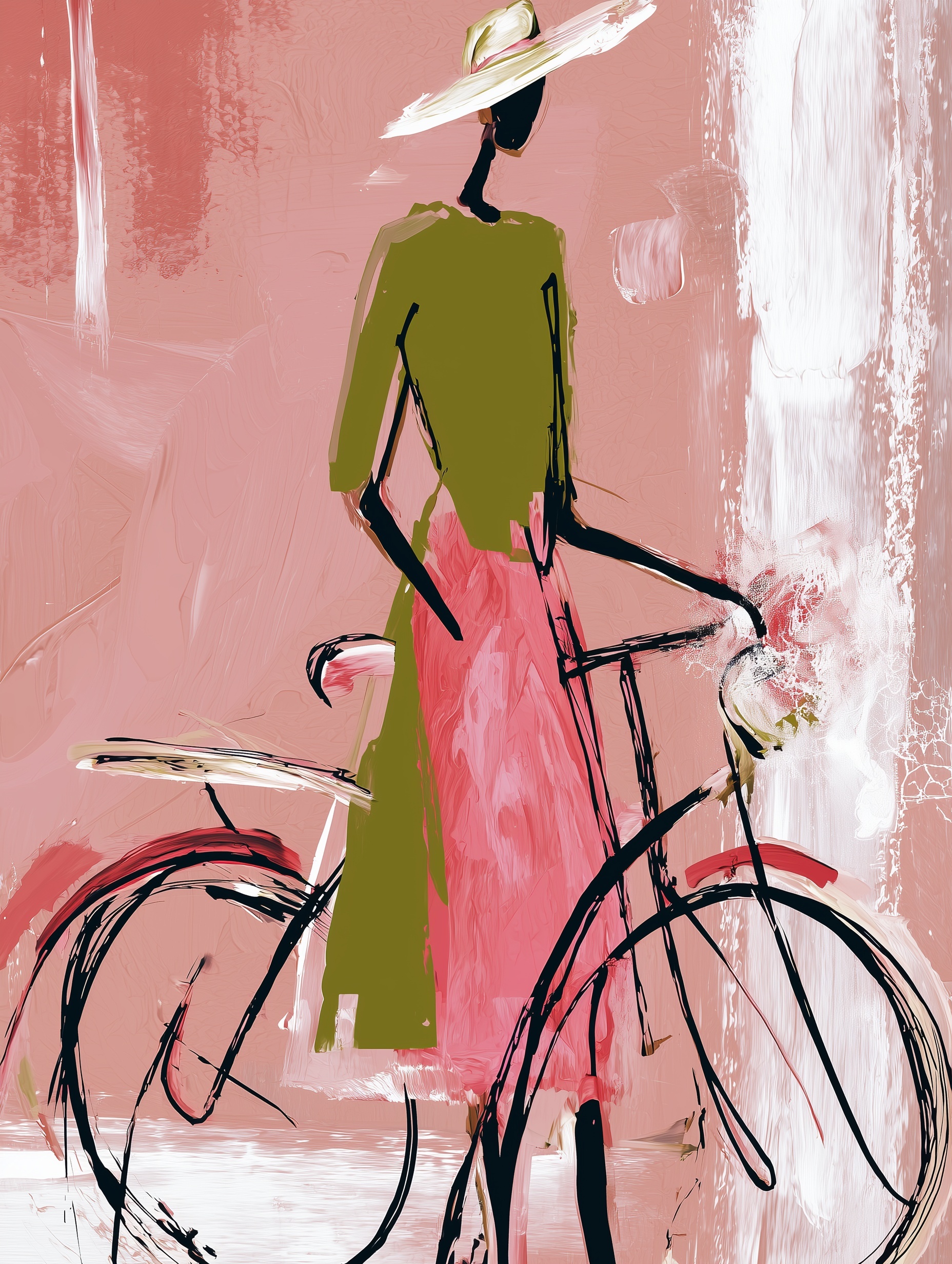 Parisian Spring: Abstract Woman on Bike Art